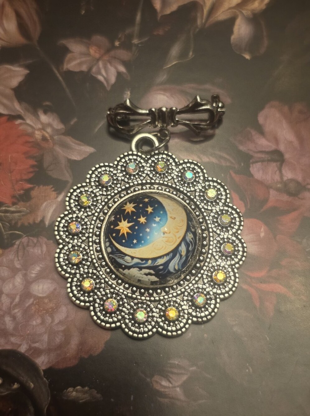Ornate Lunar Silver-tone Glass Crescent Moon Collar Pin / Brooch W Rhinestones